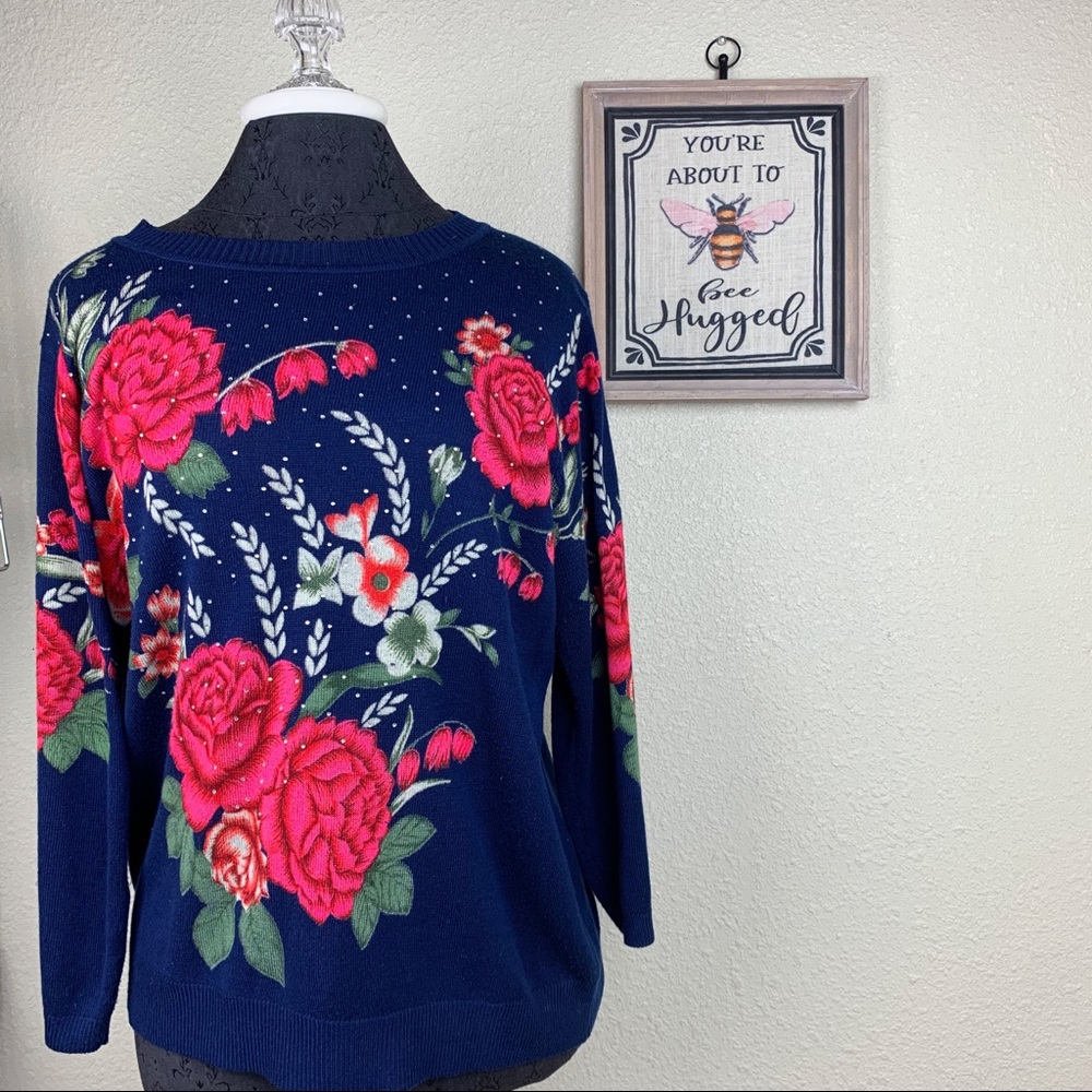 Rebecca Malone Blue sweater with Red Roses-